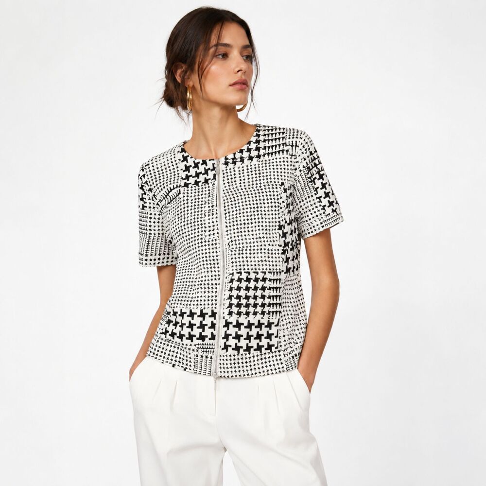 Cabi Coupe Bomber NEW Jacquard Short Sleeve Jacket Top Black White Size S Modern